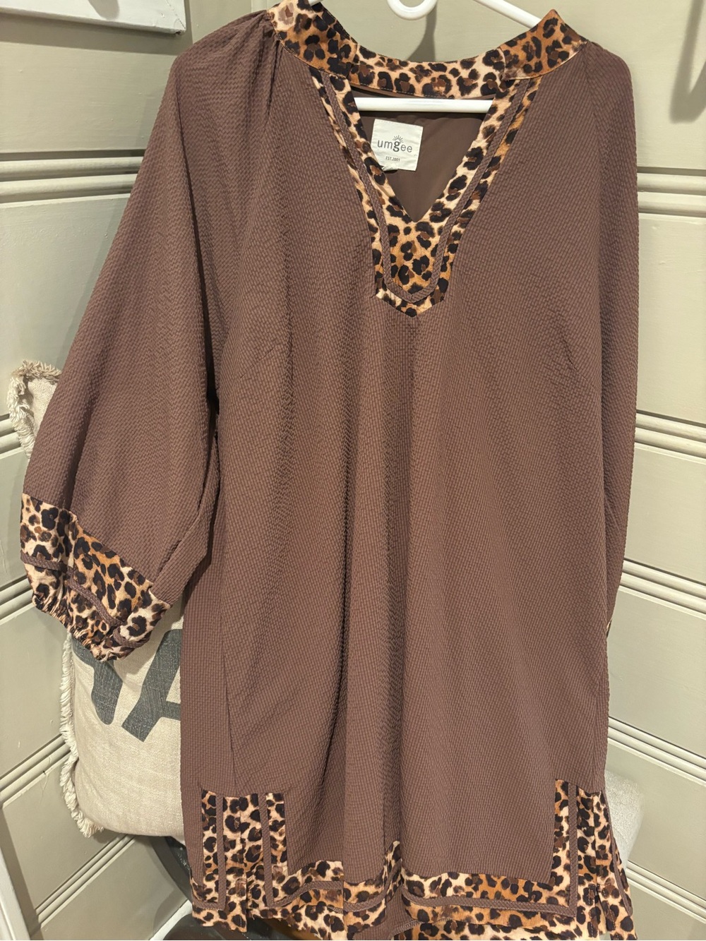 Umgee Brown Tunic with Leopard-Print Trim